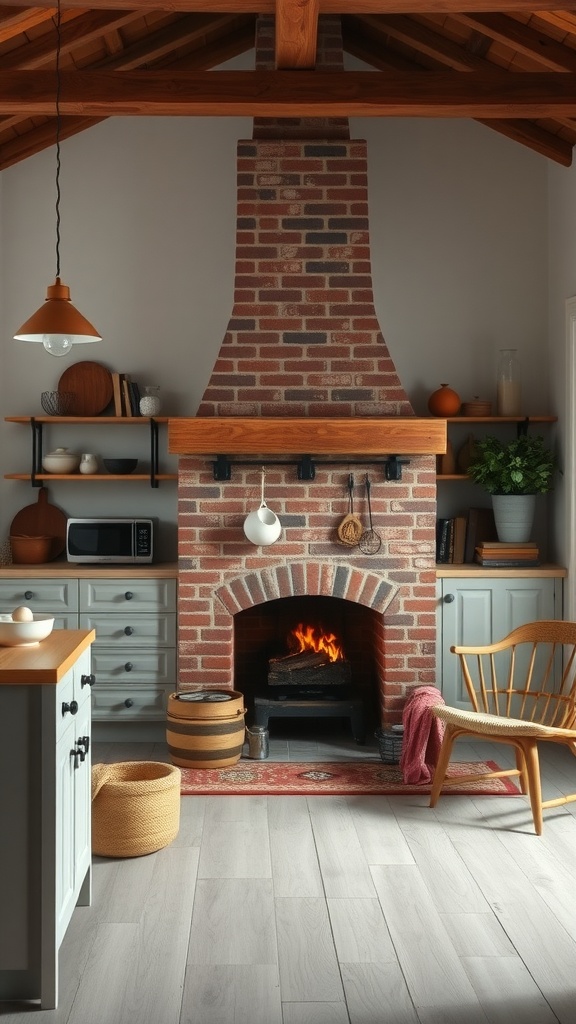 Cozy kitchen with a brick chimney and seating area