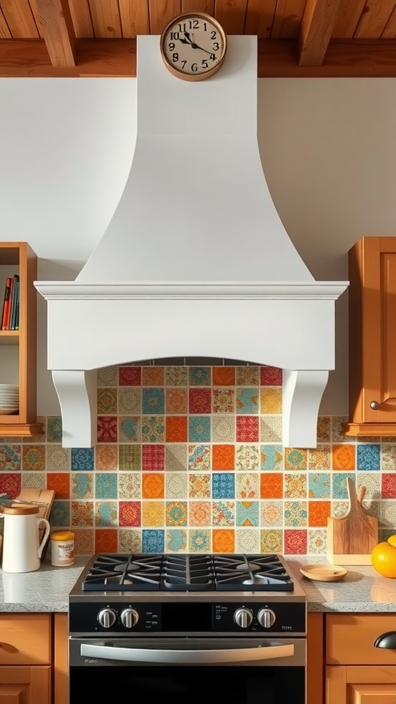 A kitchen with a white chimney hood above a colorful tiled backsplash, showcasing vibrant patterns.