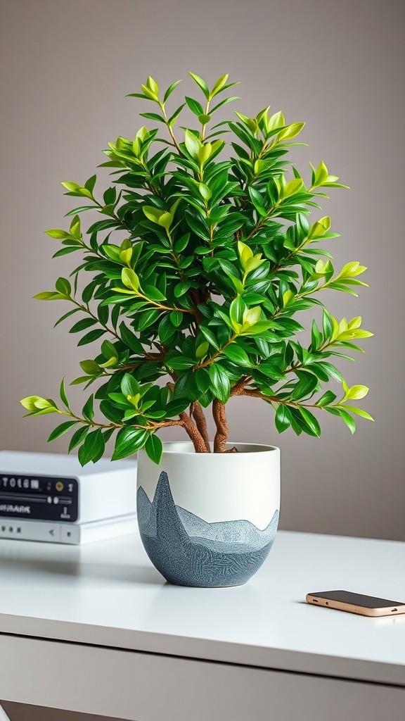 A Chinese Evergreen plant in a decorative pot on a desk with a phone and books in the background.