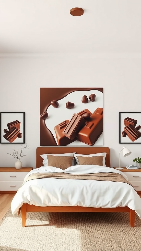 Chocolate-inspired artwork in a cozy bedroom with brown accents