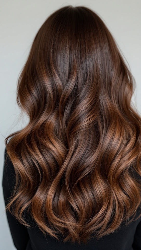 Image of medium brown hair styled in soft waves, showcasing chocolate and chestnut highlights.