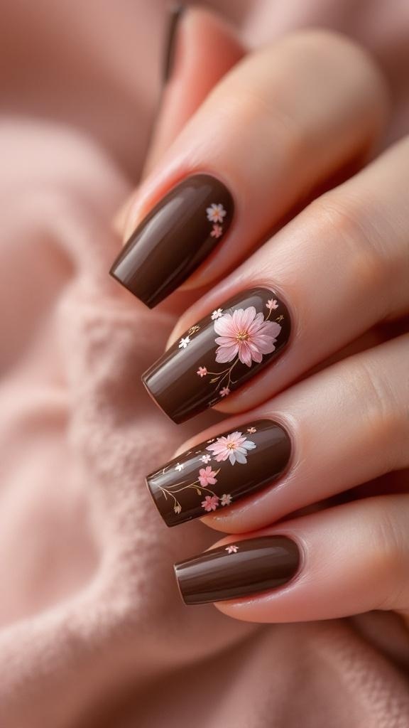 Nails painted in chocolate brown with floral art designs.