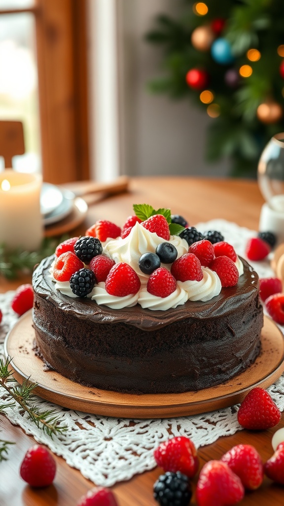 A decadent chocolate cake topped with fresh berries and whipped cream, surrounded by additional berries on the table.