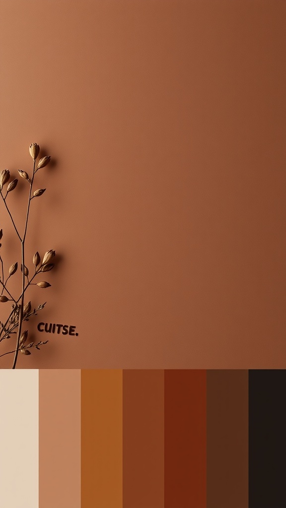 A color palette featuring shades of brown and cream with a simple dried flower arrangement.