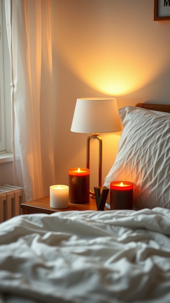 A cozy bedroom setup featuring chocolate-scented candles on a bedside table next to a lamp.