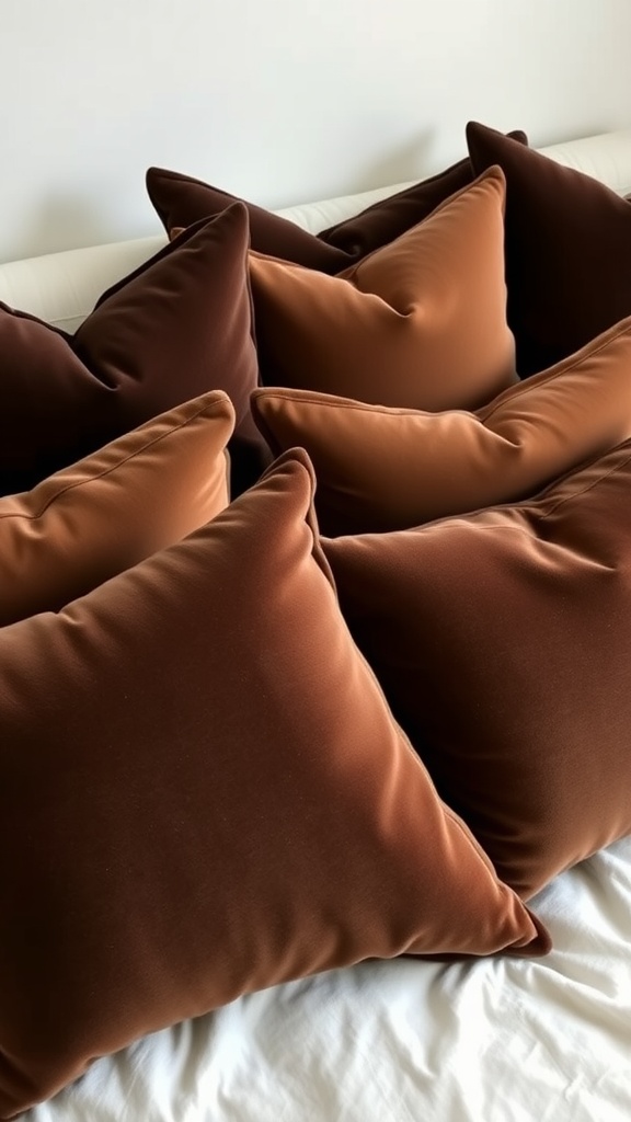 A collection of chocolate velvet throw pillows in various shades of brown arranged on a white bed.