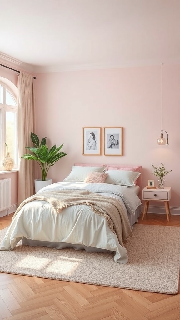 Cozy bedroom with soft pink walls, light bedding, and a potted plant.