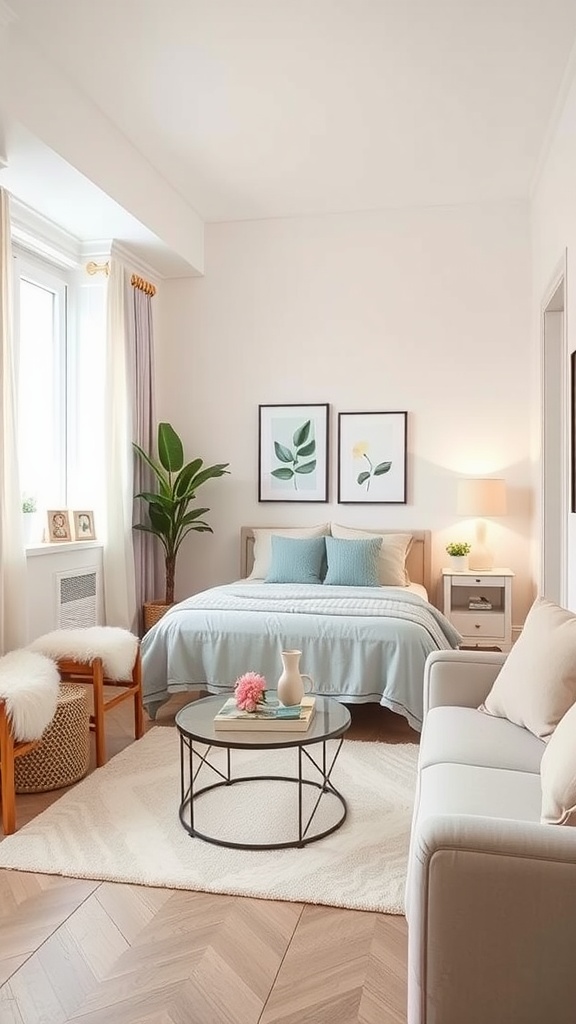 A cozy one-bedroom apartment with a light color palette featuring a bed, sofa, and coffee table.