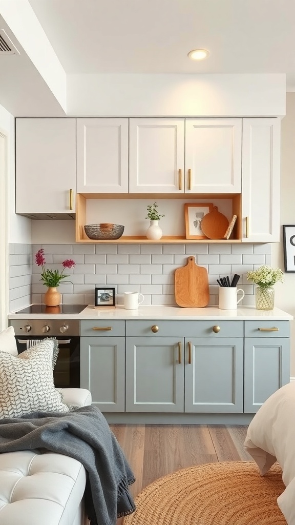 A stylish apartment kitchen featuring gray and white cabinets, wooden shelves, and decorative plants.