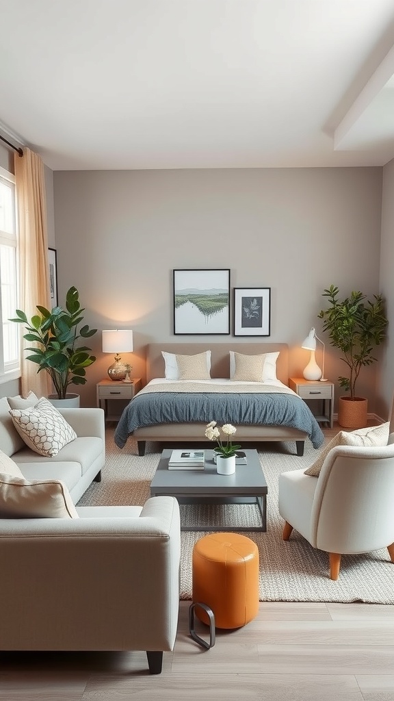 A cozy living room with neutral furniture, plants, and a pop of orange accent.