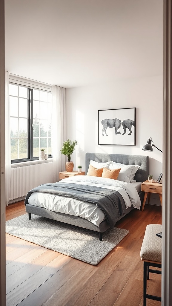 A cozy tiny bedroom featuring a compact bed, wooden flooring, and natural light from the window.