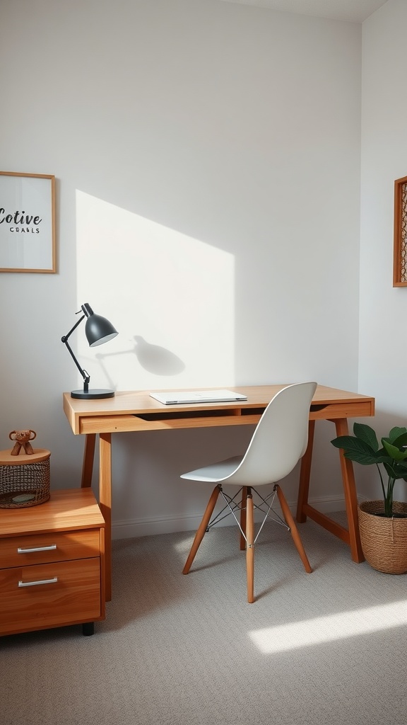 A compact wooden desk with a white chair, lamp, and plant in a small bedroom.