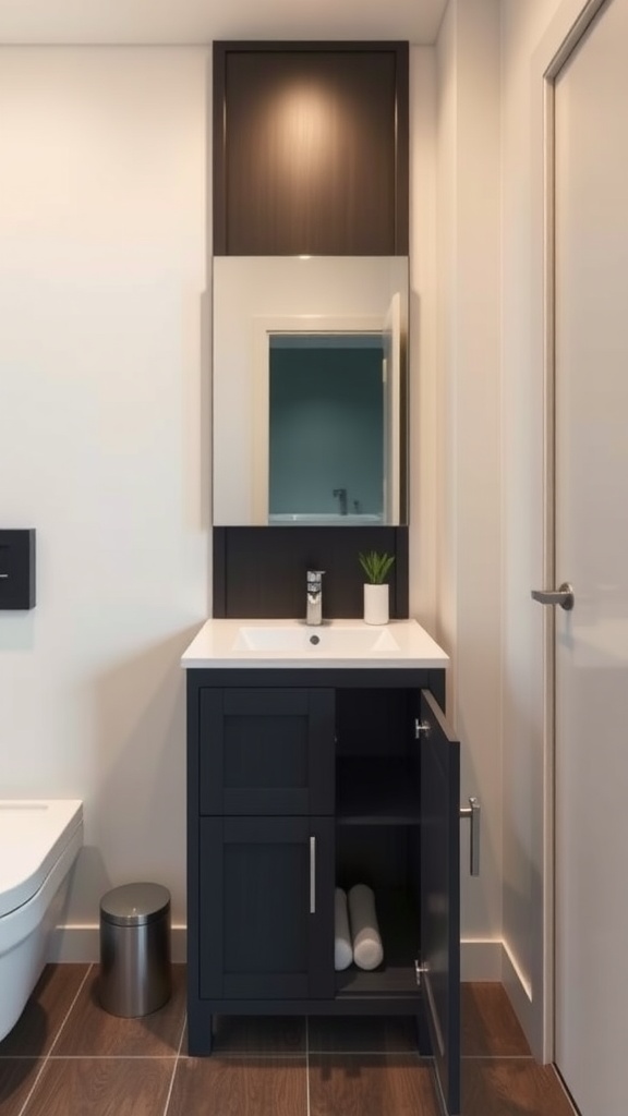 A compact modern bathroom vanity with a dark wood finish, integrated sink, and storage cabinet.
