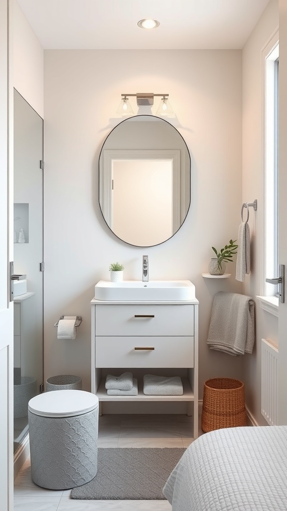 A modern compact bathroom vanity with a white sink, two drawers, and a round mirror, complemented by warm lighting and a small plant.