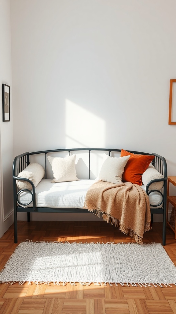 A cozy daybed with cushions and a throw blanket in a small room