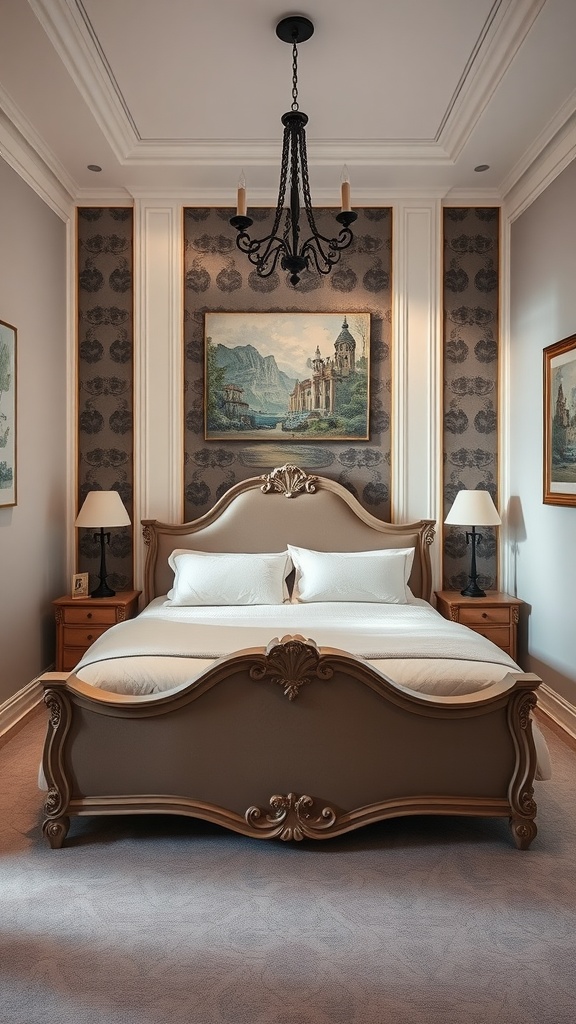 Elegant bedroom with a statement bed and decorative wall art
