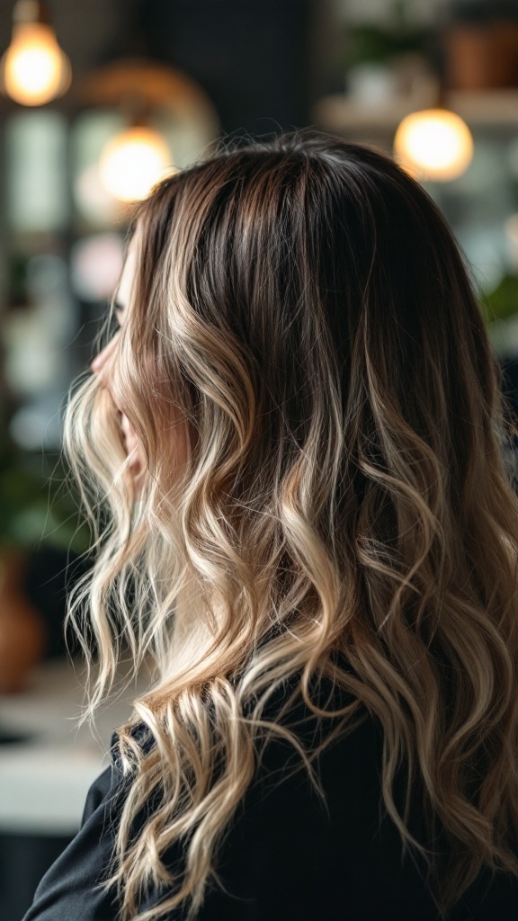 A person with blonde highlights on dirty blonde hair, showcasing beautiful curls.