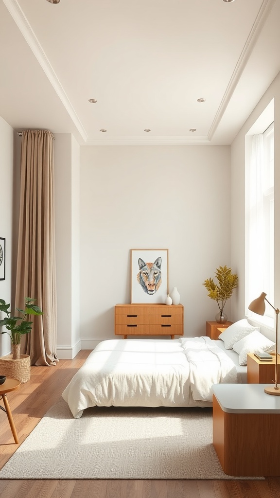 A long, light-colored bedroom featuring wooden furniture, soft bedding, and plants, creating a serene atmosphere.