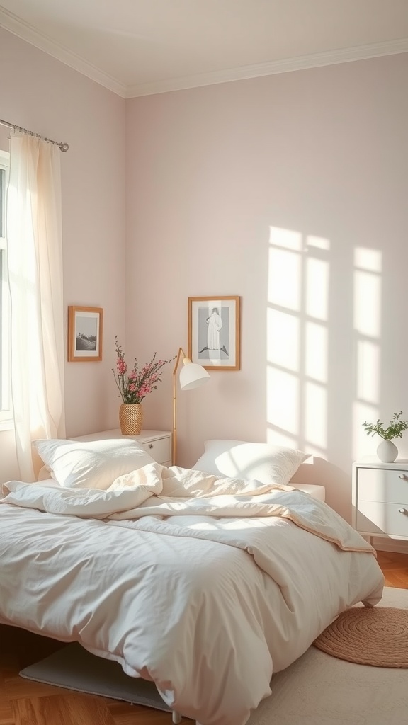 A small rectangular bedroom with light pink walls, a white bed with soft bedding, and decorative plants.