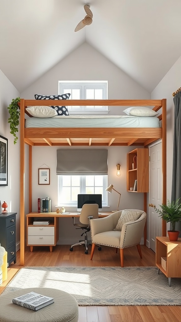 A cozy bedroom featuring a lofted bed with a workspace underneath, showcasing a stylish and functional design.