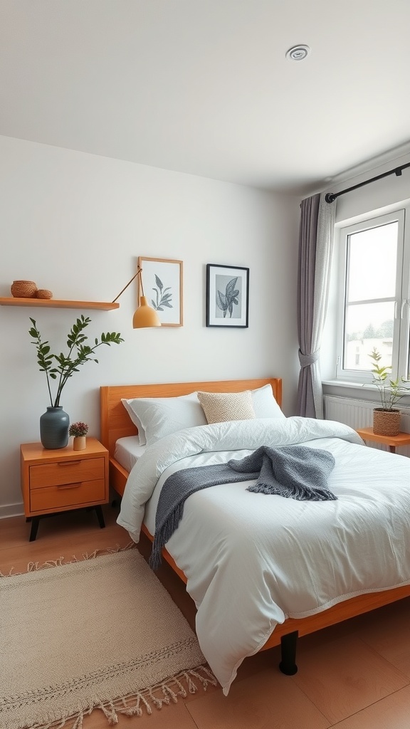 A cozy bedroom with a low profile wooden bed, light bedding, and decorative pillows