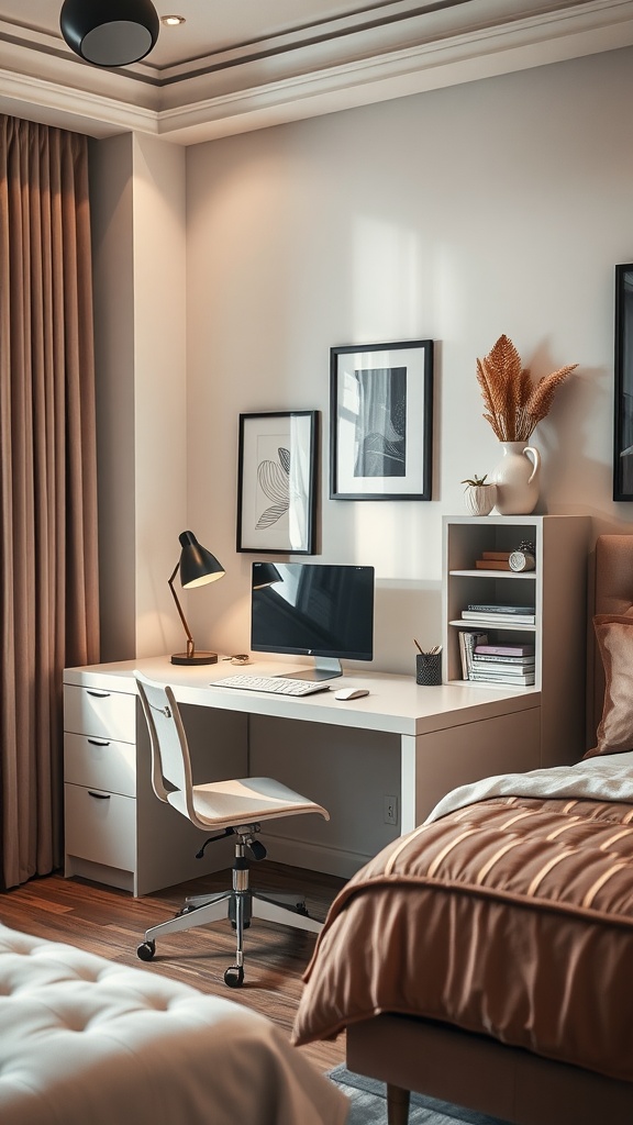 A modern bedroom office setup featuring a sleek desk with a computer, chair, and decorative items, creating a cozy work environment.