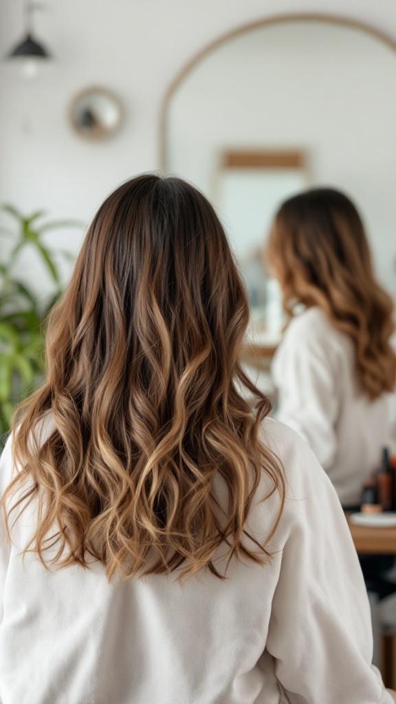 A person with curly hair and highlights looking in a mirror in a stylish salon.