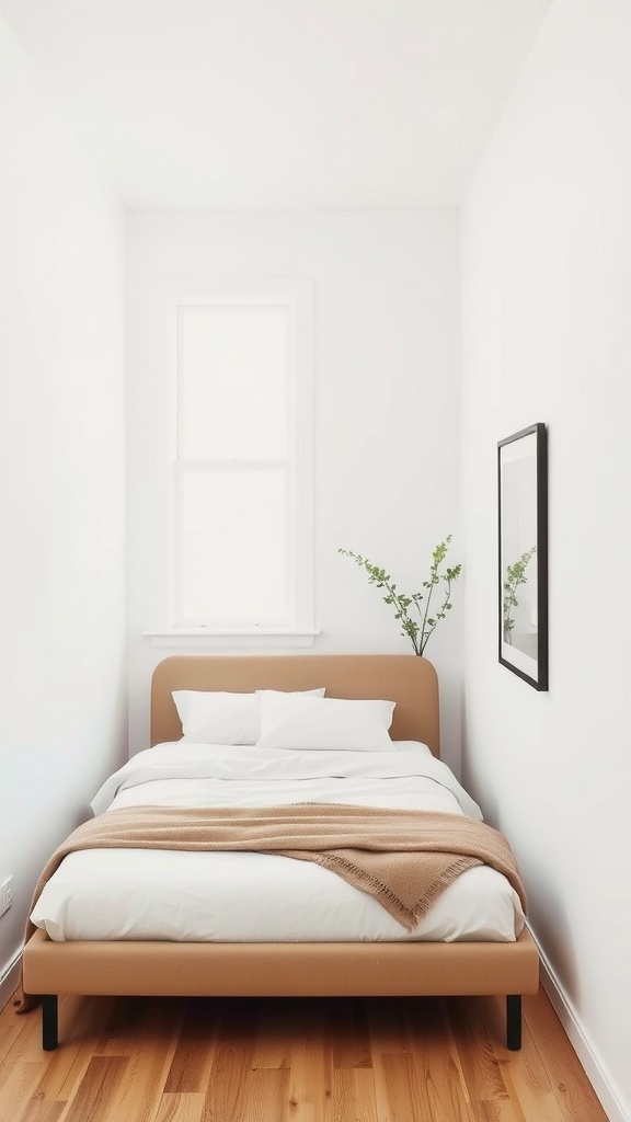 A sleek, low-profile bed in a narrow bedroom with white walls and wooden flooring.