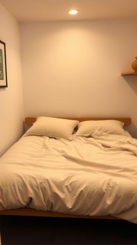 A cozy small bedroom with a soft bedspread and pillows arranged on the bed.