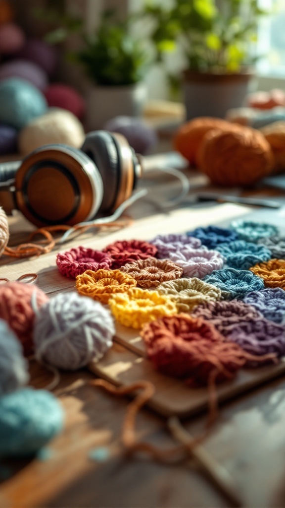 Colorful yarn balls and crochet headphone covers on a wooden table
