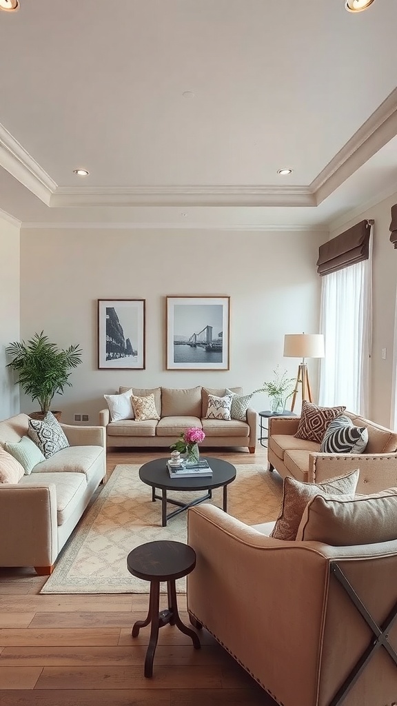 A cozy living room with two sofas, an armchair, a coffee table, and a plant.