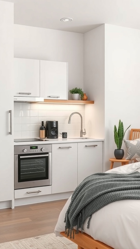 A compact farmhouse kitchen with modern appliances, including a small oven, sink, and coffee maker, designed for functionality in a limited space.