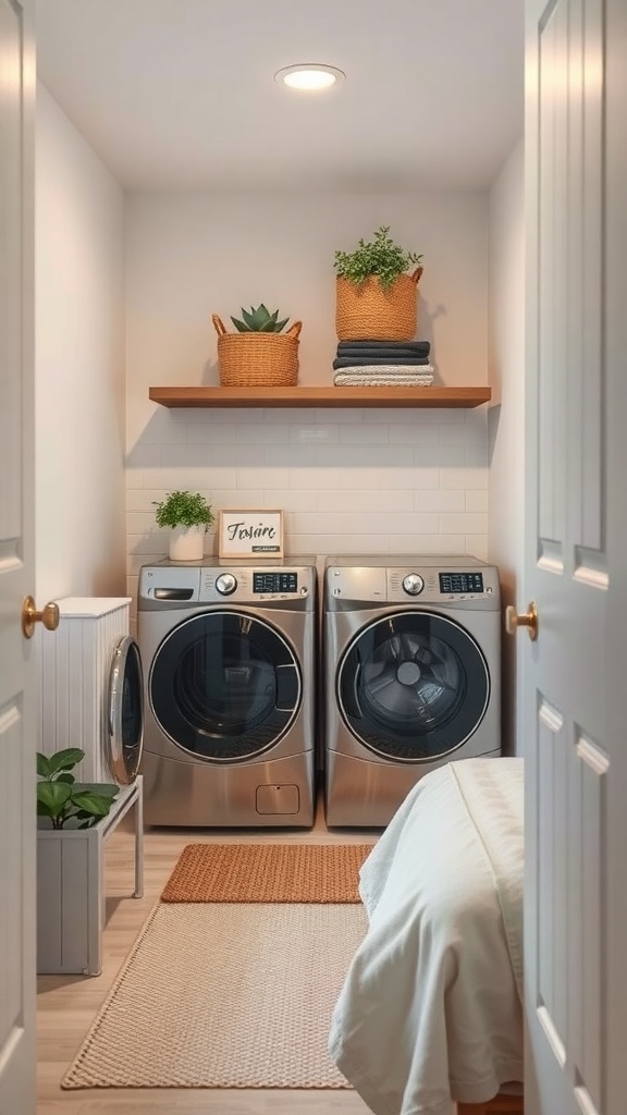 A compact laundry room with modern appliances, a wooden shelf, and decorative baskets.