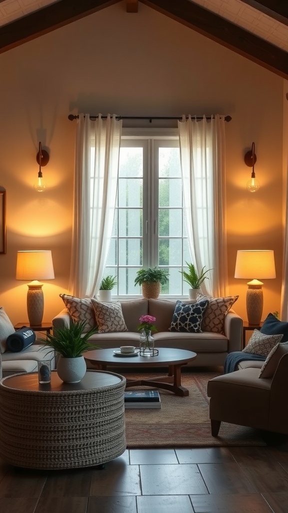 A cozy family room with warm lighting, comfortable seating, and decorative plants.