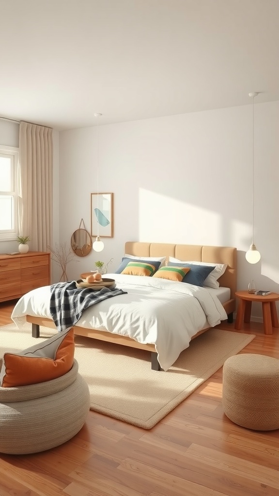 A clean and stylish bedroom featuring soft textiles, a cozy bed with colorful pillows, and wooden furniture.