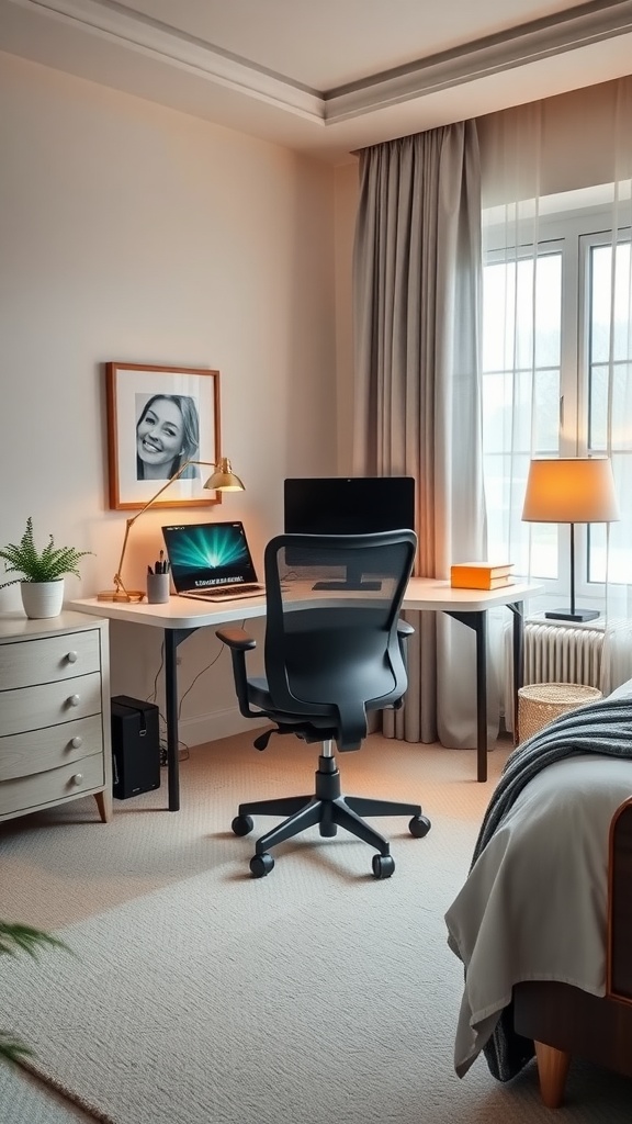 A cozy bedroom office setup with ergonomic furniture, a modern desk, and a comfortable chair.