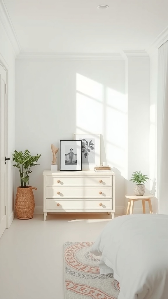 A small bedroom featuring light colors, a dresser, and plants, creating a spacious and inviting atmosphere.