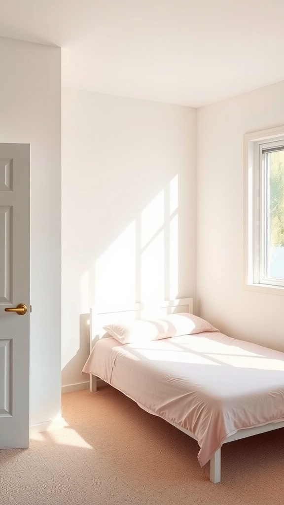 A small, bright bedroom with a bed and soft pastel colors, showcasing an airy feel.
