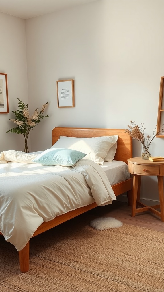 A small guest bedroom with a wooden bed, light bedding, and a cozy atmosphere.