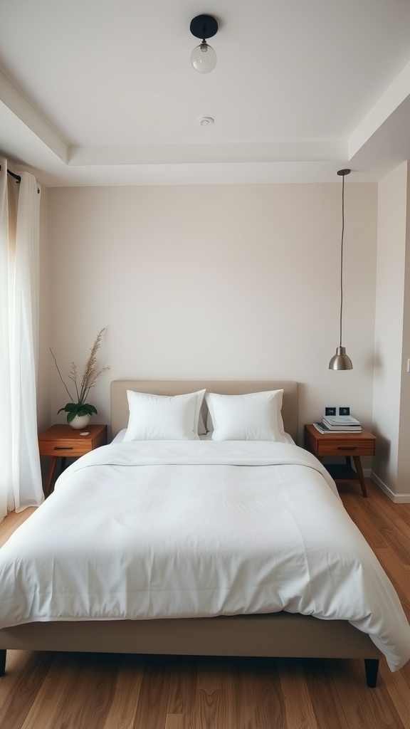 A small, minimalist bedroom featuring a king bed with white linens, wooden nightstands, and simple decor.