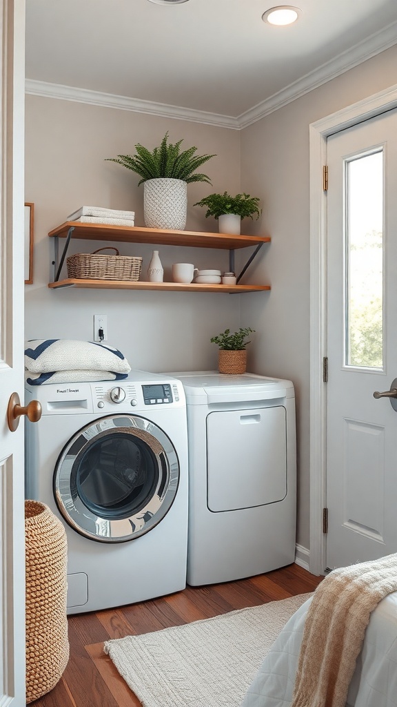 A small utility room featuring a washer and dryer, with wooden shelves above and plants for decoration.