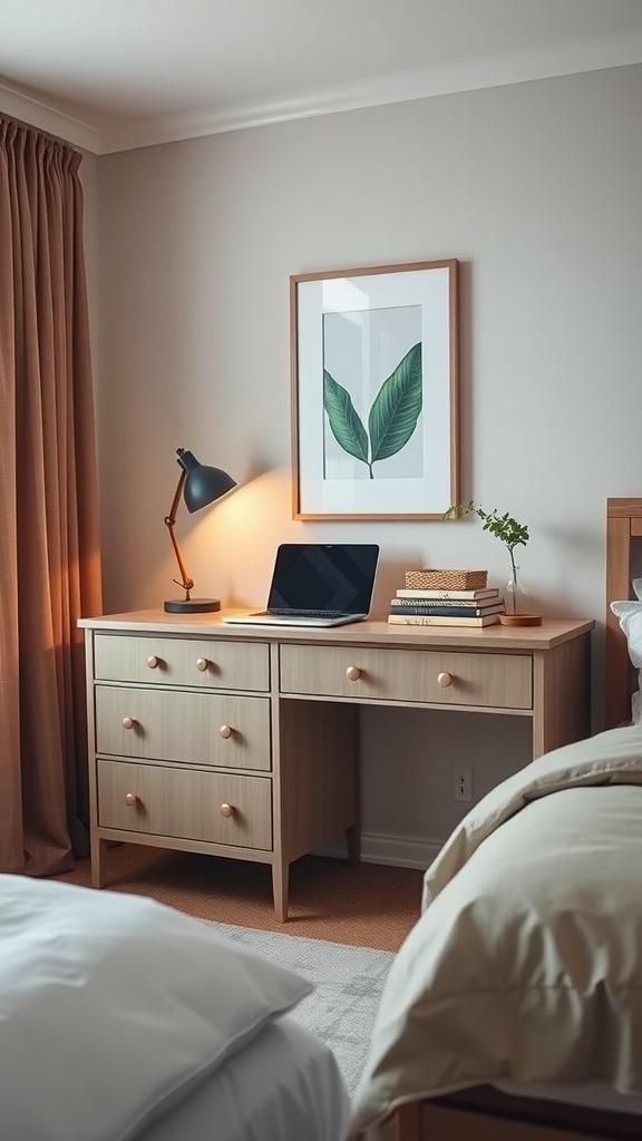 A light wood dresser with a laptop and books, styled in a cozy small bedroom.