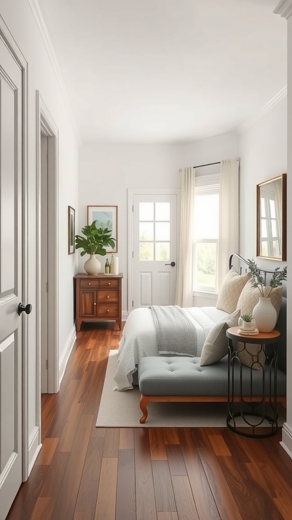 A narrow entryway featuring a bench, side table, and decorative elements.