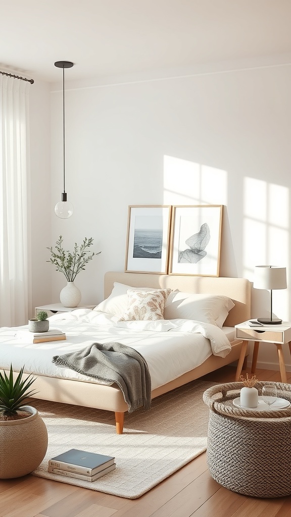 A minimalist bedroom featuring a bed with neutral bedding, framed artwork, plants in woven pots, and a simple bedside table.