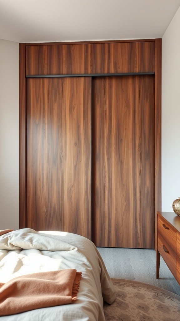 Wardrobe with sliding wooden doors in a small bedroom