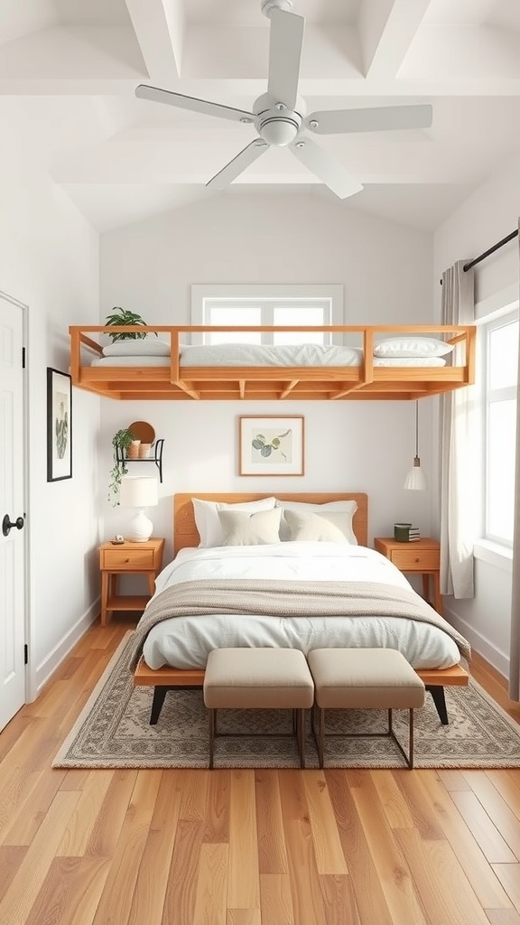 A small rectangular bedroom featuring a lofted bed design with wooden elements and a cozy atmosphere.