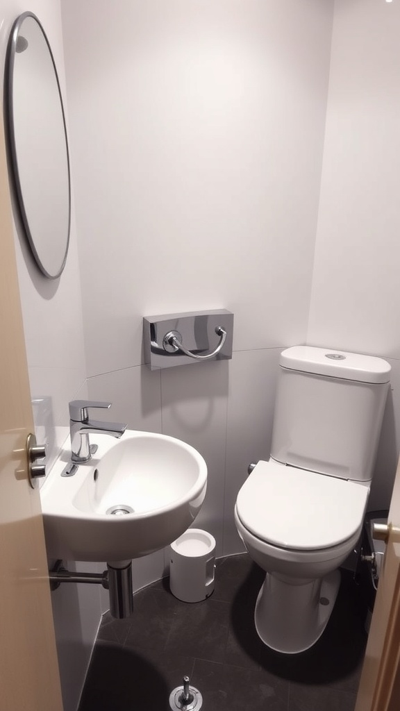 Compact modern bathroom featuring space-saving fixtures like a small sink and toilet.