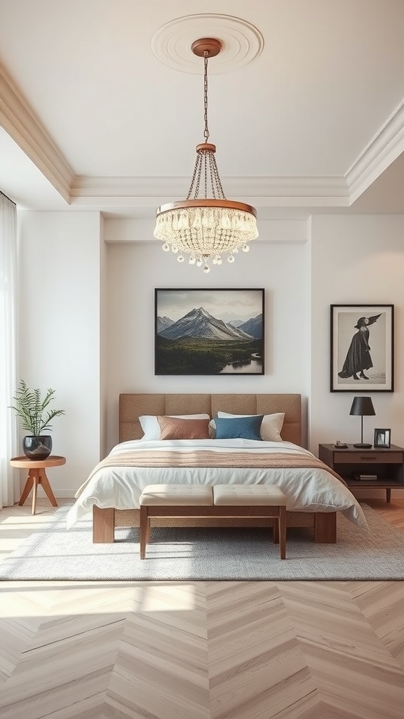 A well-decorated bedroom featuring a chandelier as a statement lighting fixture.