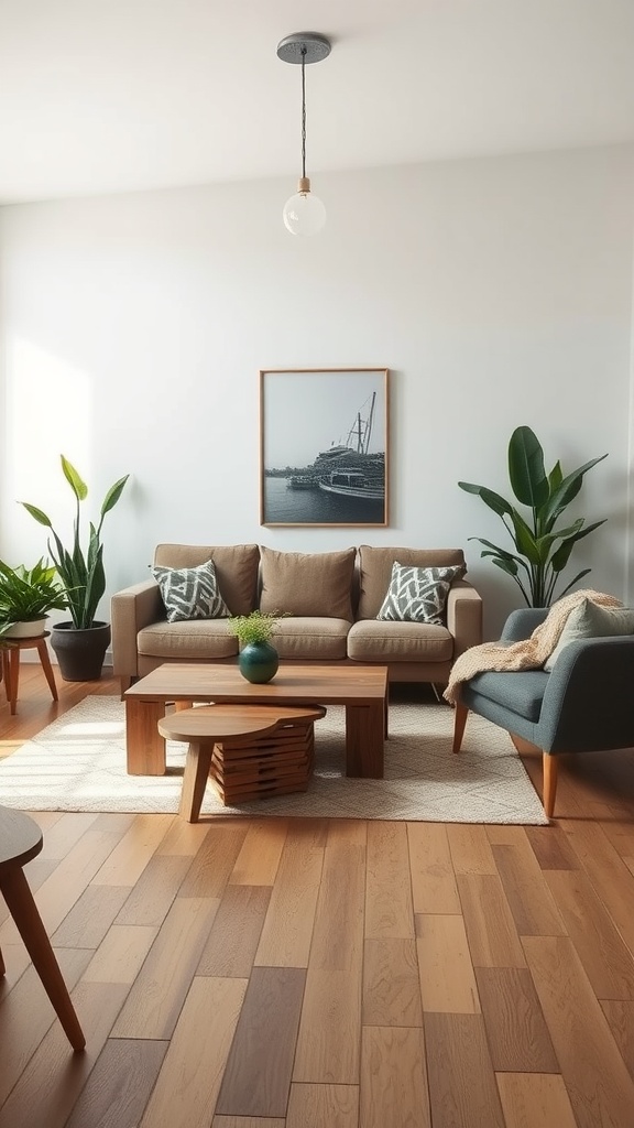 A cozy living room featuring a light brown sofa, a wooden coffee table, and green plants, creating an earthy atmosphere.