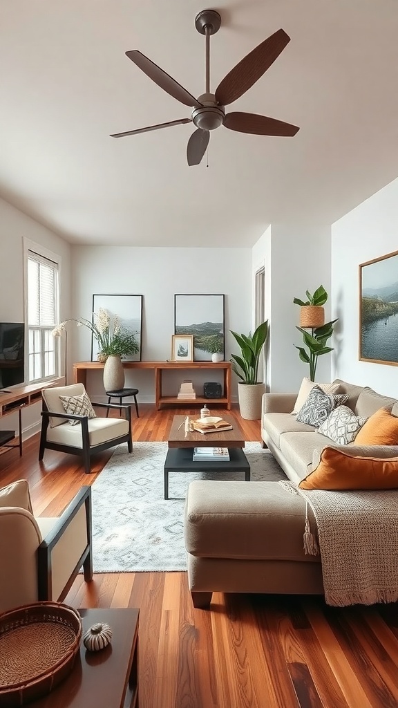 A cozy open concept living room featuring a mix of textures, including a soft couch, wooden furniture, and decorative plants.